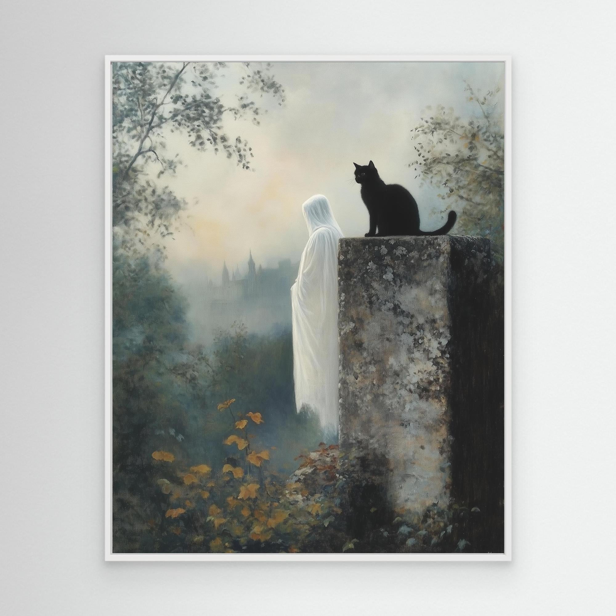 Gothic Wall Art for Hallway – Black Cat & Ghost Canvas - Framed Pop Art