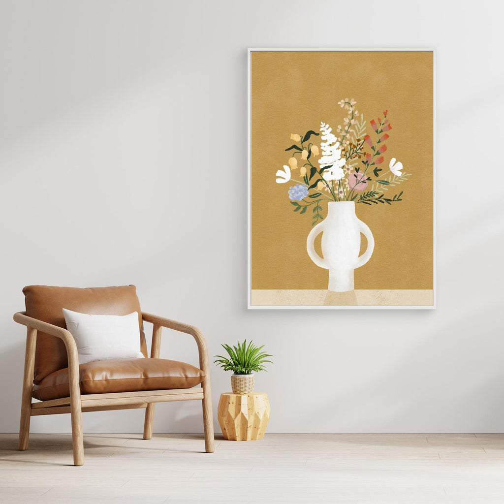 Hallway Wall Art – Mustard Yellow Floral Vase Canvas Print - Framed Pop Art