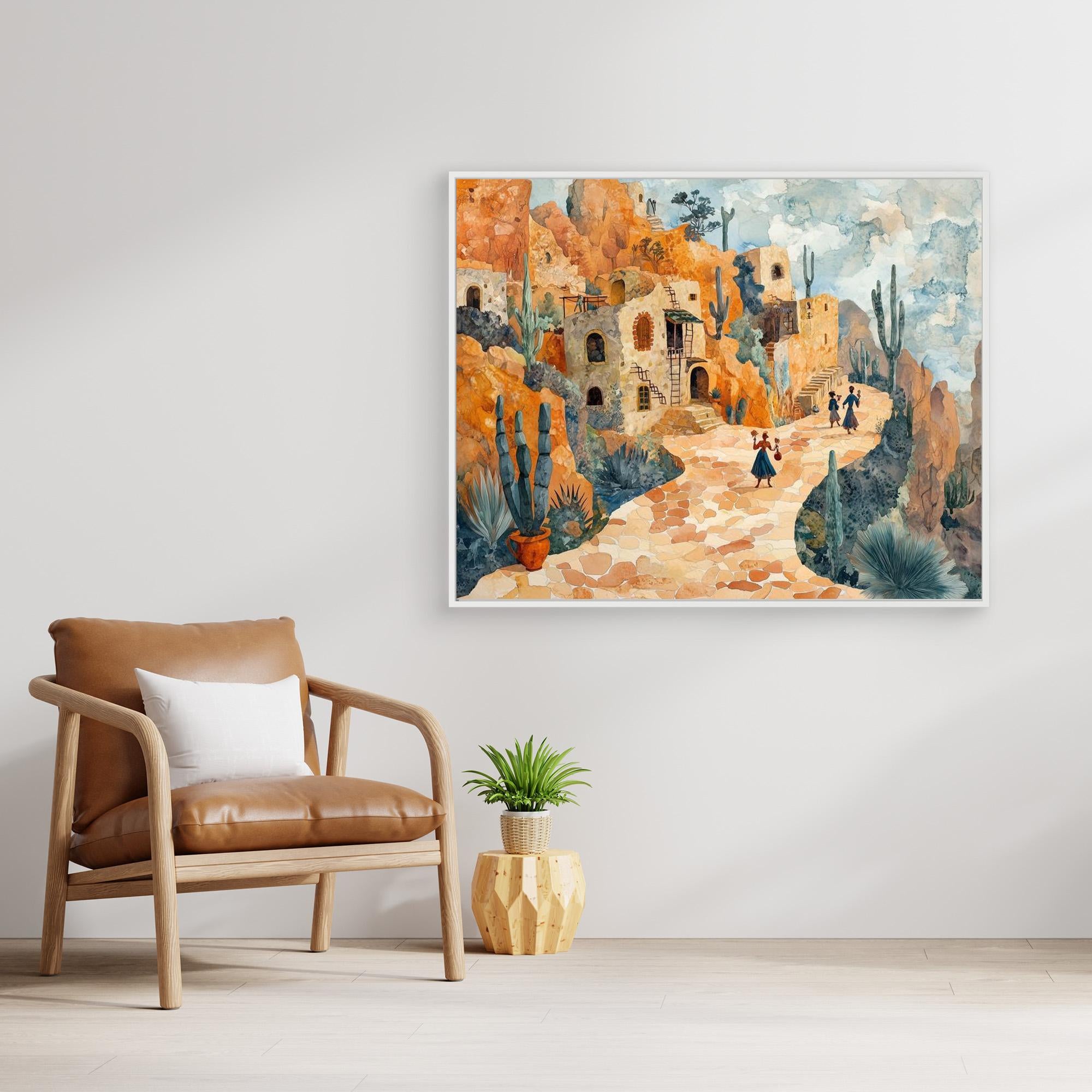 Desert Village Watercolor Canvas Print | Warm Sun-Drenched Art - Framed Pop Art