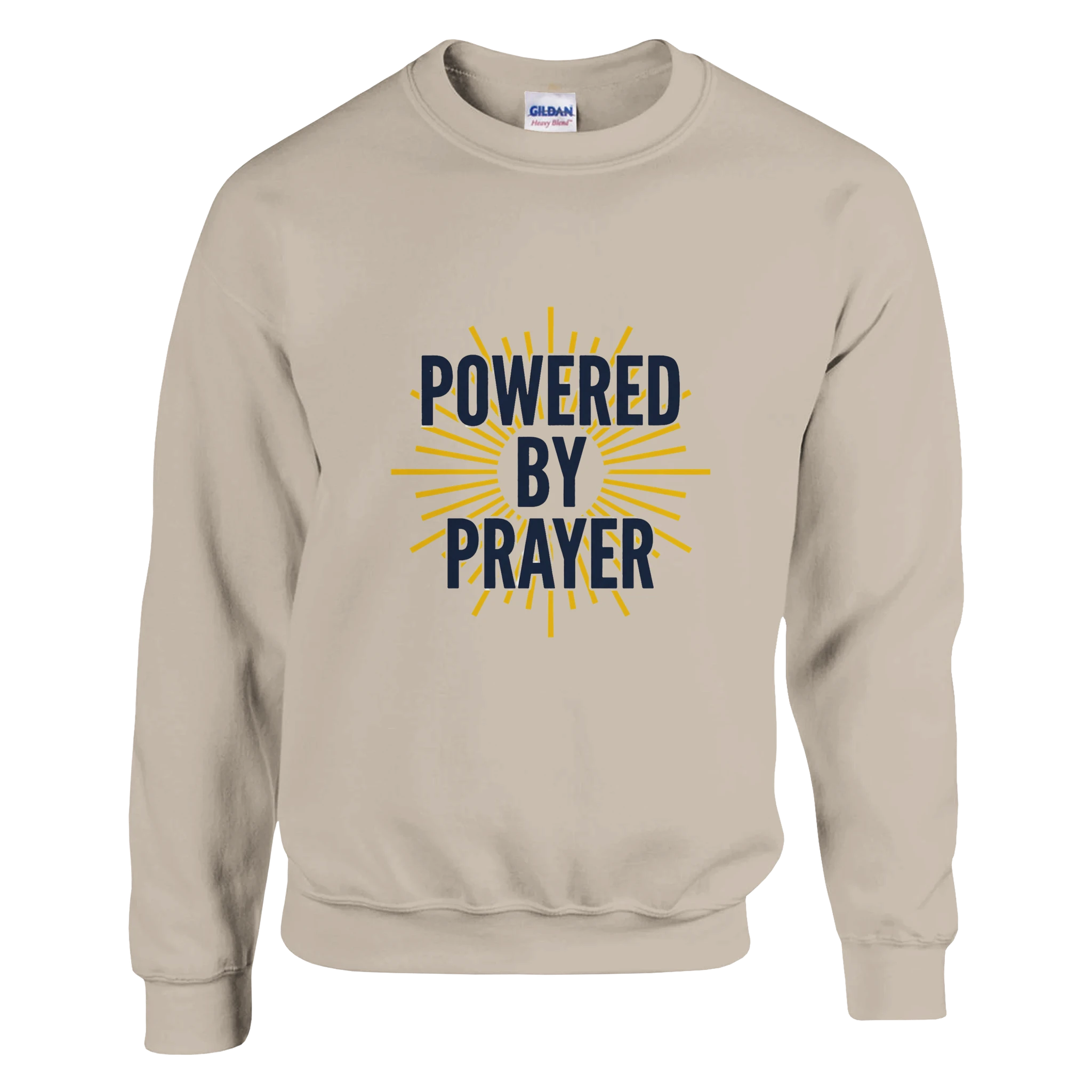 Powered by Prayer White Sweatshirt | Gildan® 18000 - Framed Pop Art