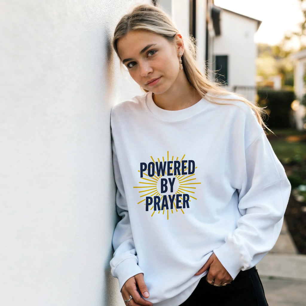 Powered by Prayer White Sweatshirt | Gildan® 18000 - Framed Pop Art