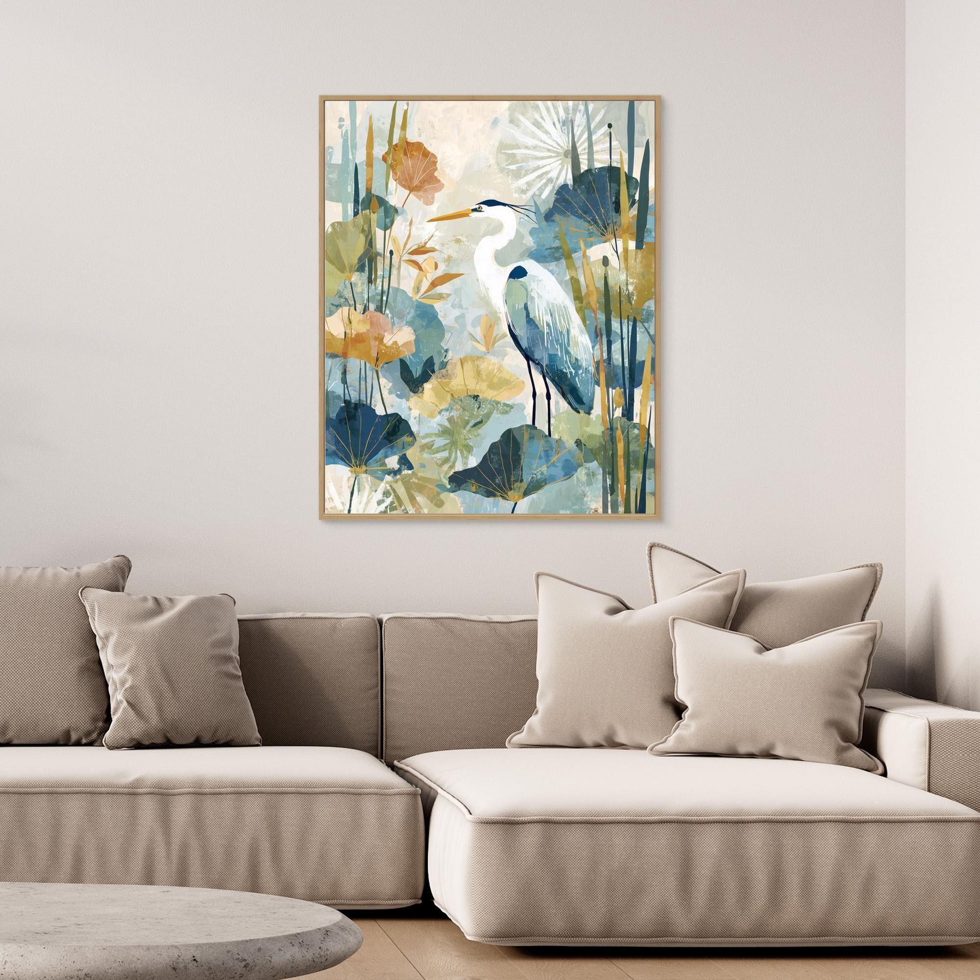 Heron in the Reeds Canvas Wall Art | Modern Nature Print | Nursery - Framed Pop Art