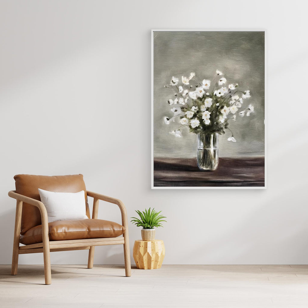 White Floral Still Life Painting | Hallway Wall Art - Framed Pop Art
