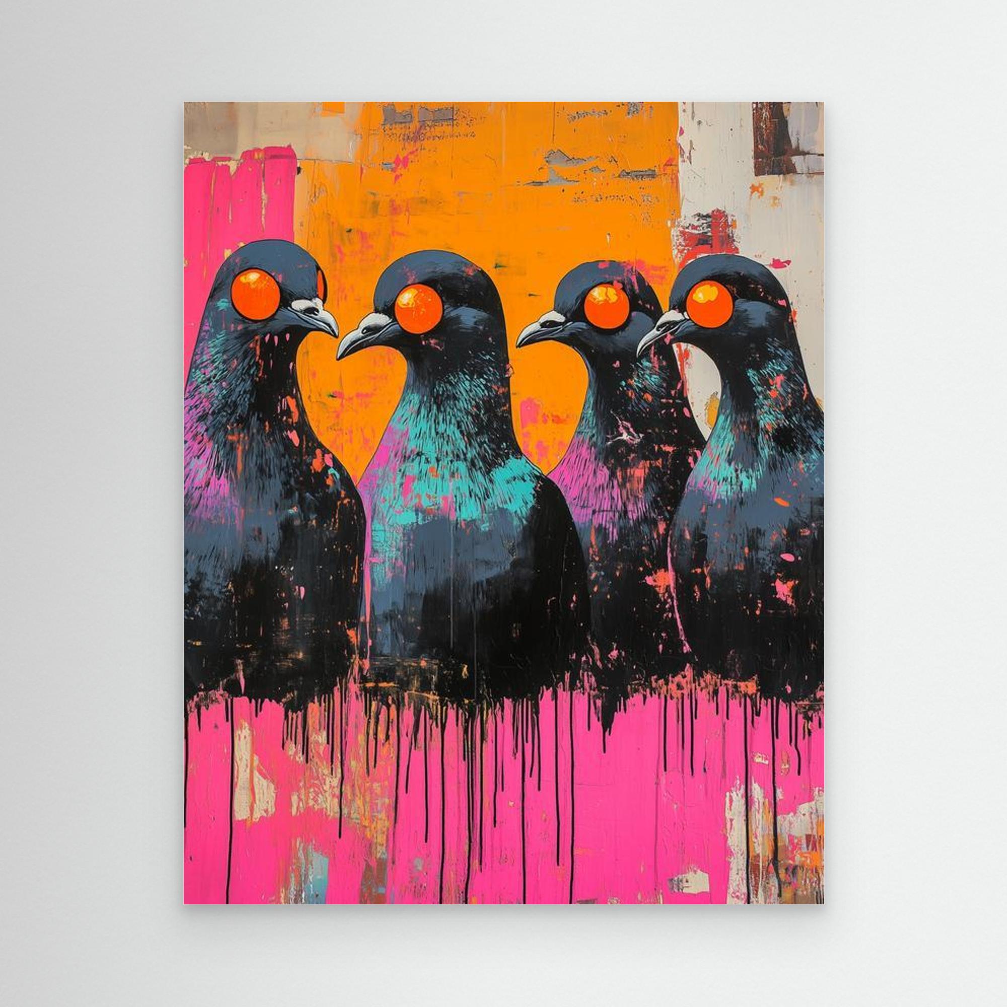 Neon Pigeon Wall Art Canvas for Modern Living Room - Framed Pop Art