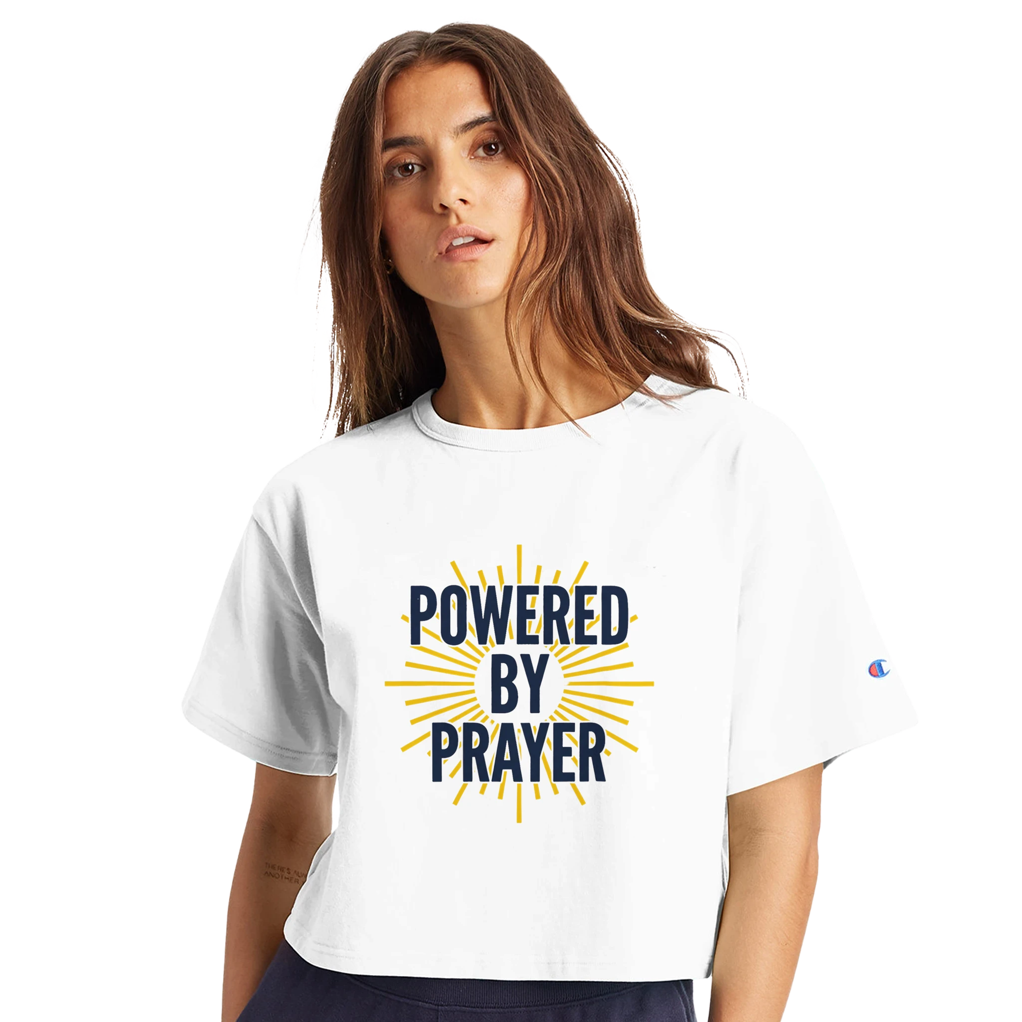 Powered by Prayer Women's Cropped T-Shirt | Champion T453W - Framed Pop Art