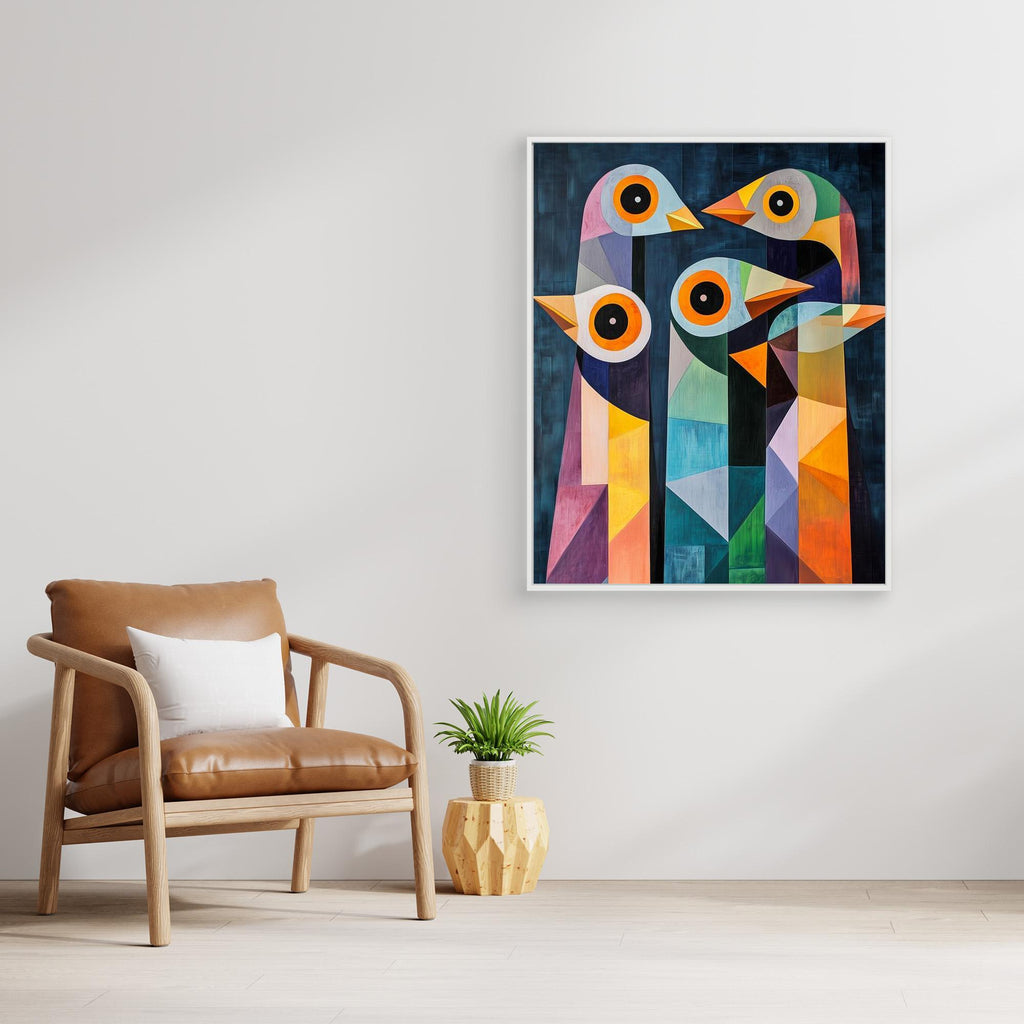 Colorful Geometric Birds Canvas Art | Modern Abstract Wall Decor - Framed Pop Art