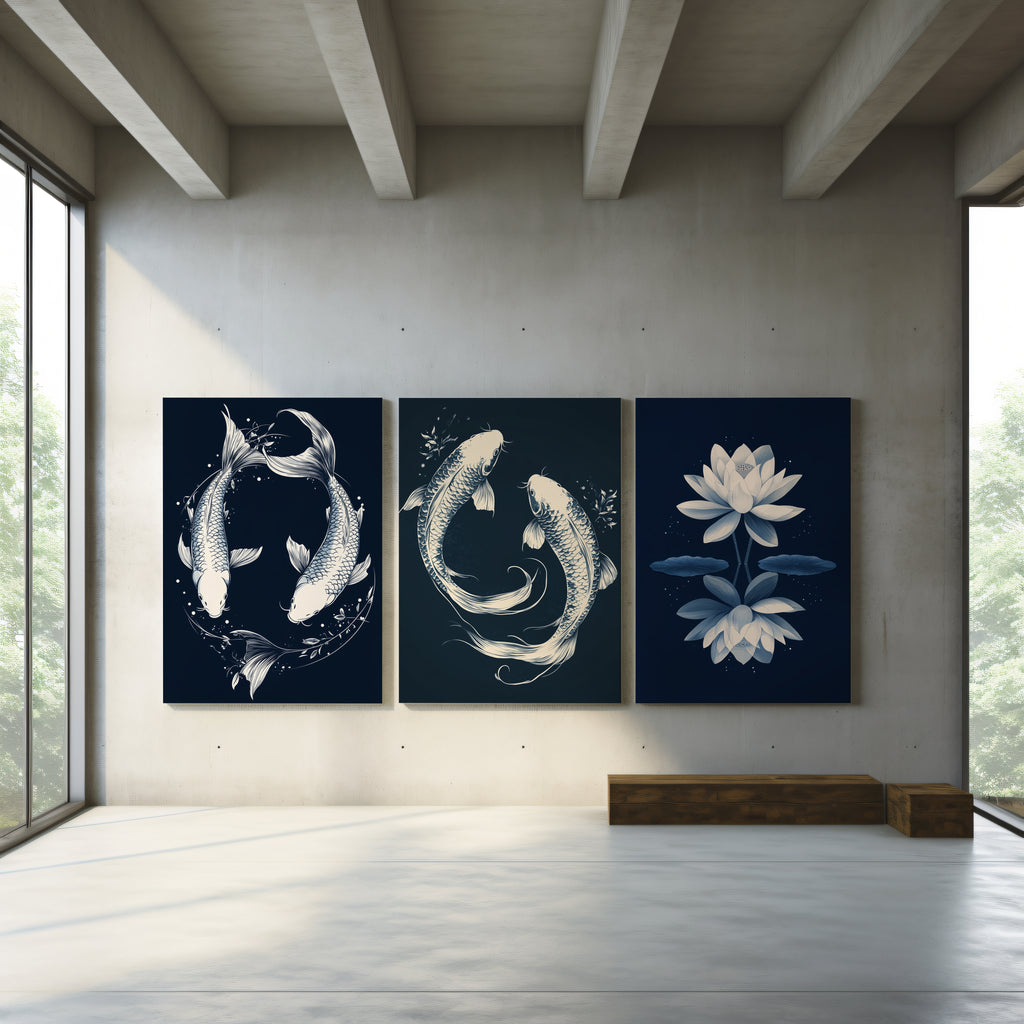 Zen Koi & Lotus 3-Piece Canvas Wall Art Set - 60 x 75 cm / 24 x 30″