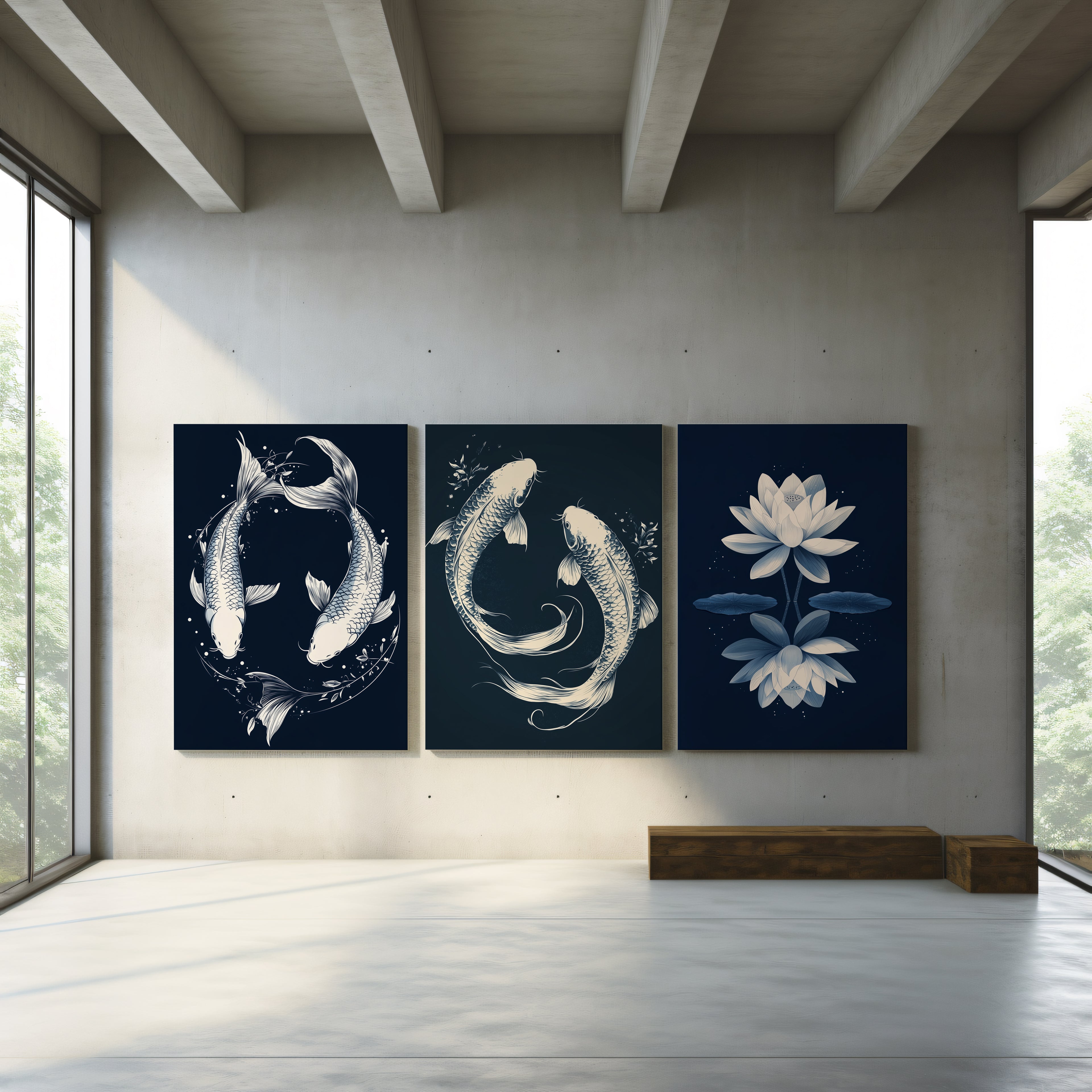 Zen Koi & Lotus 3-Piece Canvas Wall Art Set - 60 x 75 cm / 24 x 30″