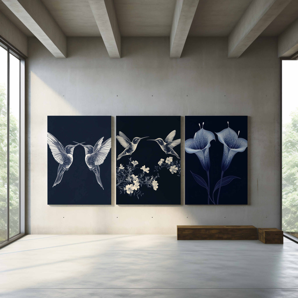 Navy Botanical Triptych | Large Hallway Wall Art Set of 3 - Framed Pop Art