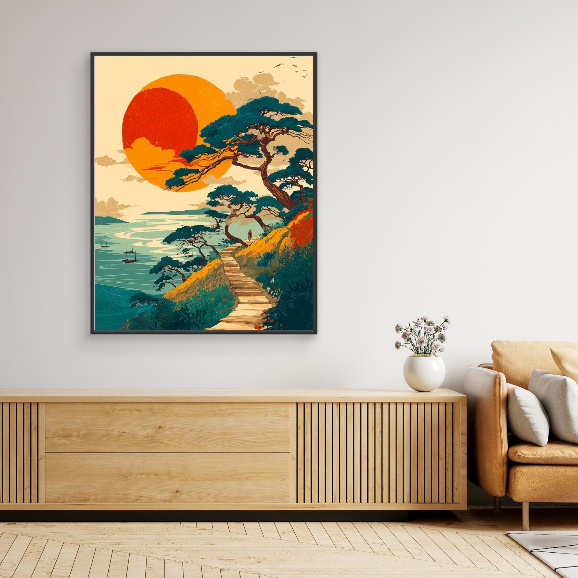 Bold Sunset Coastal Path Landscape Canvas Wall Art Print - Framed Pop Art