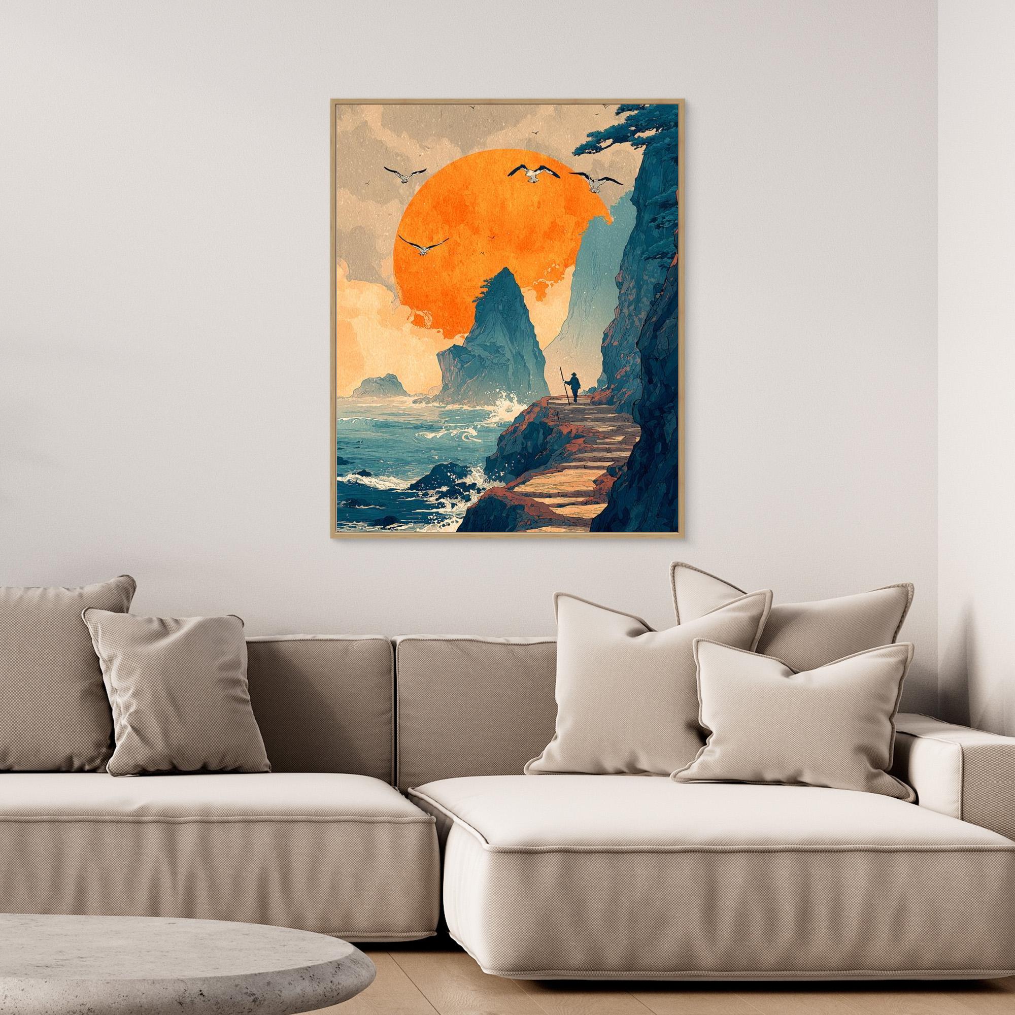 Dramatic Sunset Clifftop Seascape Framed Canvas Art - Framed Pop Art