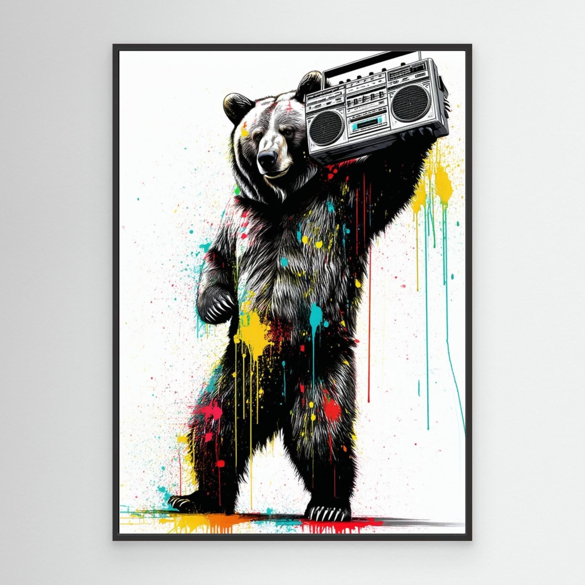 Grizzly Bear Boombox Canvas Art | Retro Urban Wall Decor - Framed Pop Art