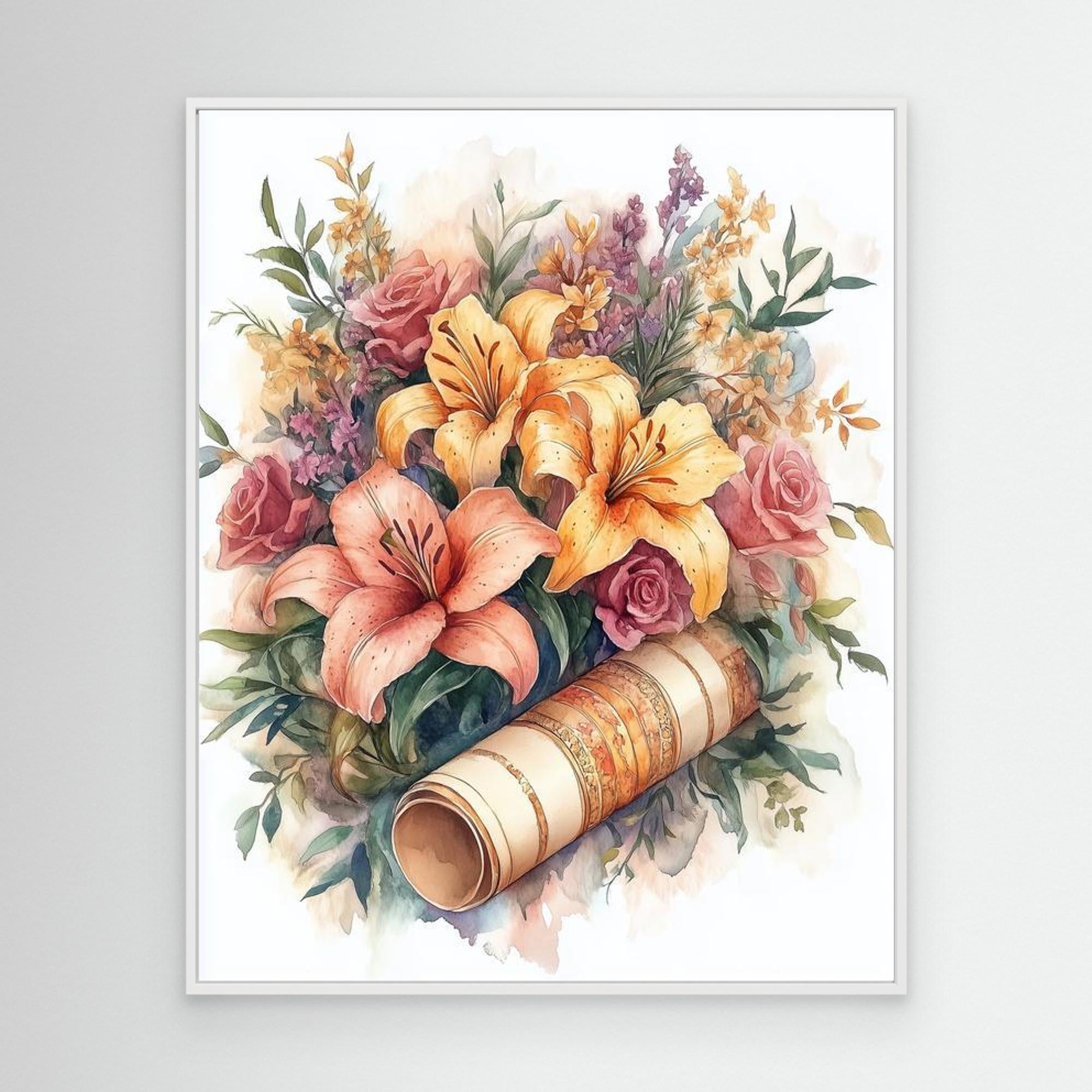 Vintage Lily & Rose Watercolour Floral Wall Art Print