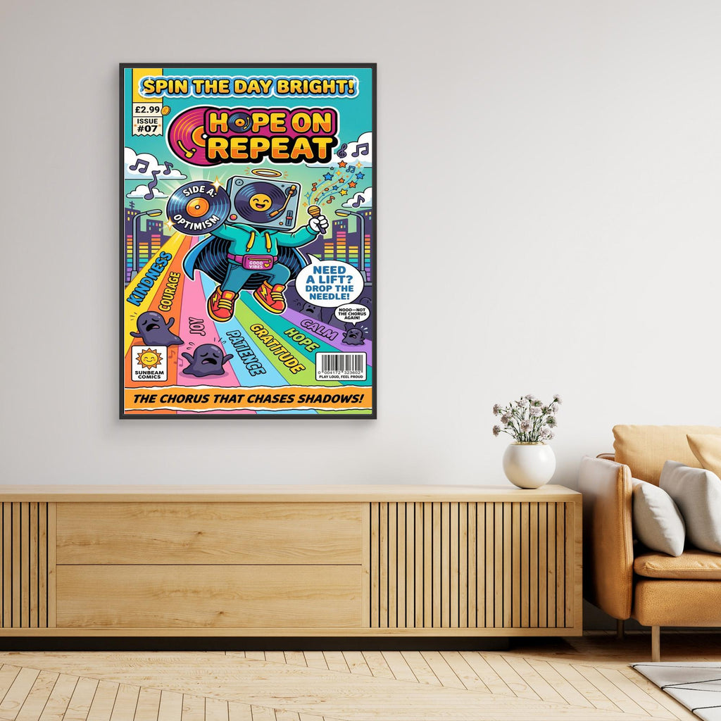Hope on Repeat Retro Comic Art Print | Positive Vibes Wall Decor - Framed Pop Art