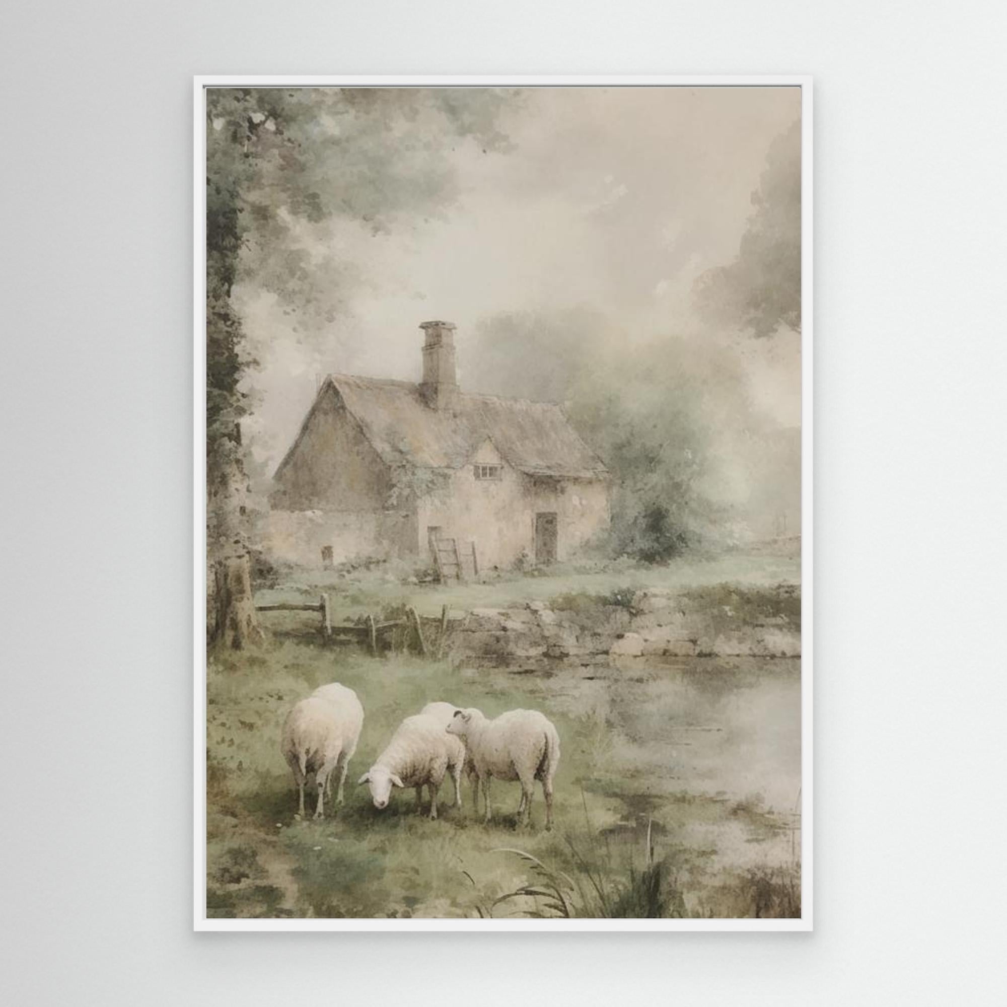 Sheep & Country Cottage Watercolour | Farmhouse Hallway Art - Framed Pop Art