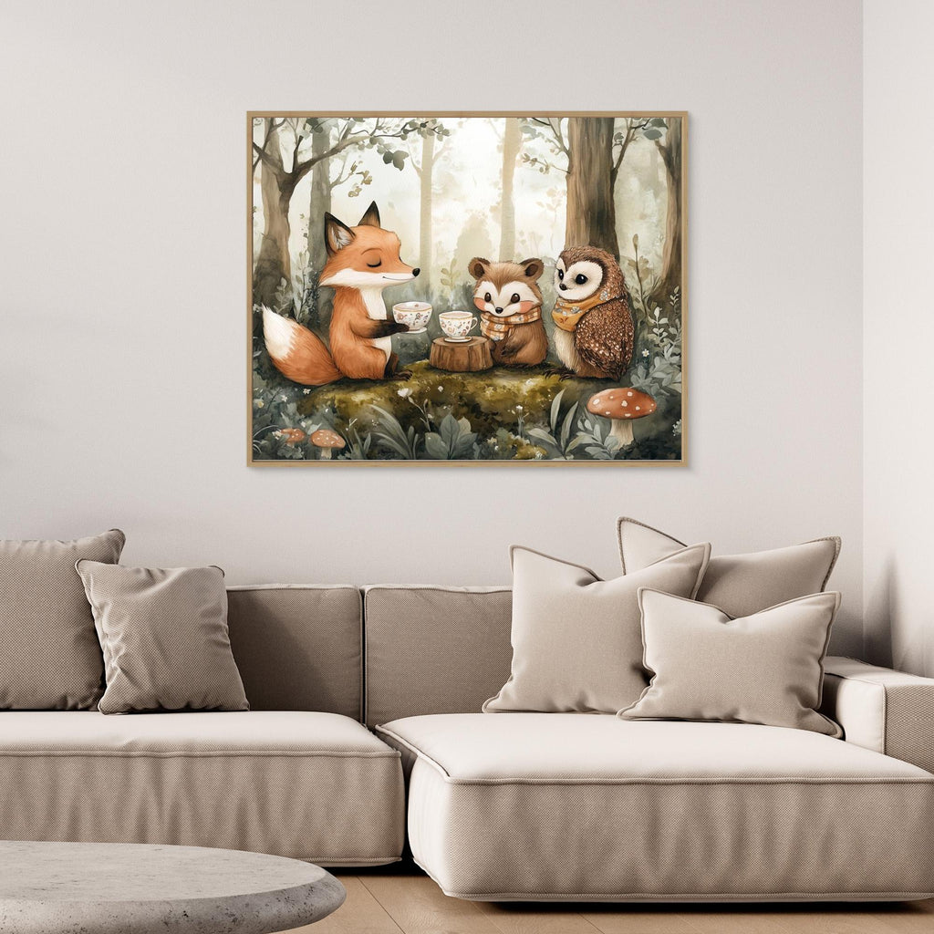 Woodland Friends Tea Party Canvas Wall Art | Nursery Decor - Framed Pop Art