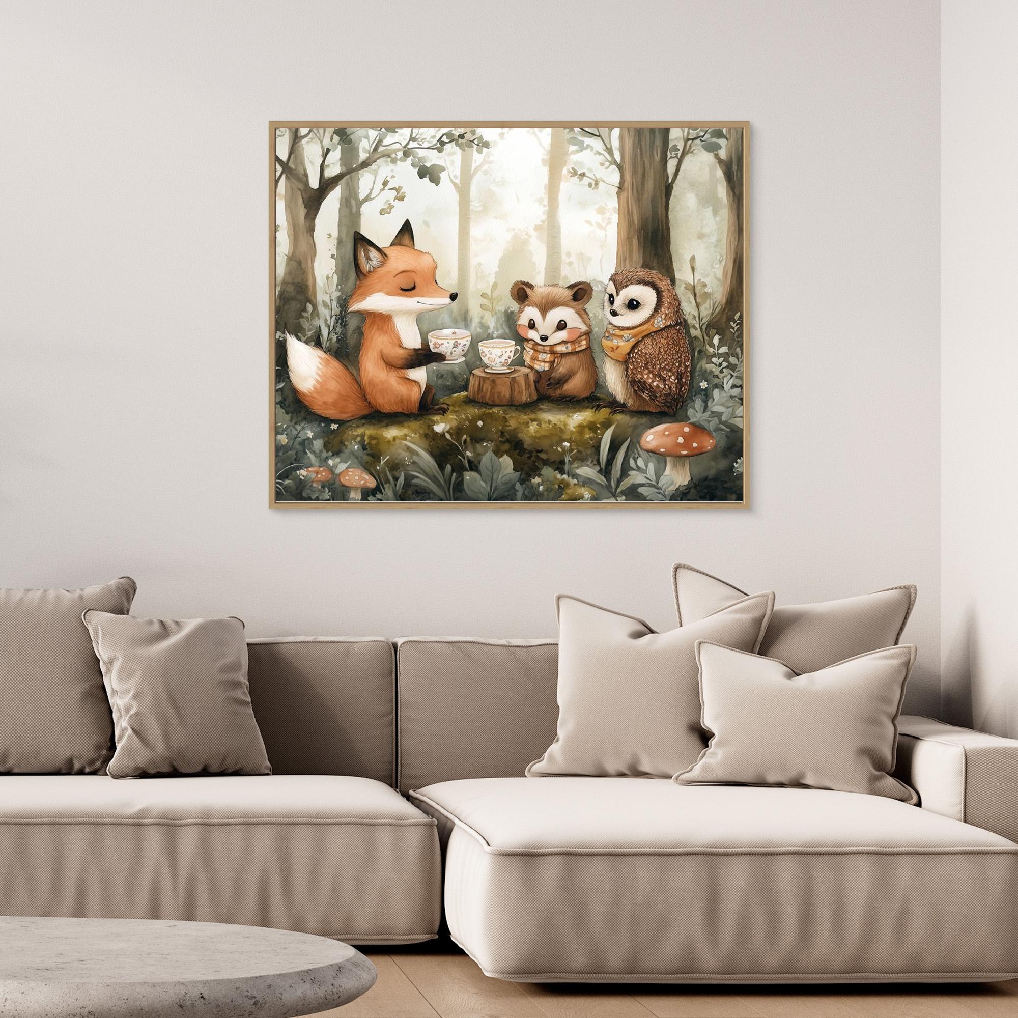 Woodland Friends Tea Party Canvas Wall Art | Nursery Decor - Framed Pop Art