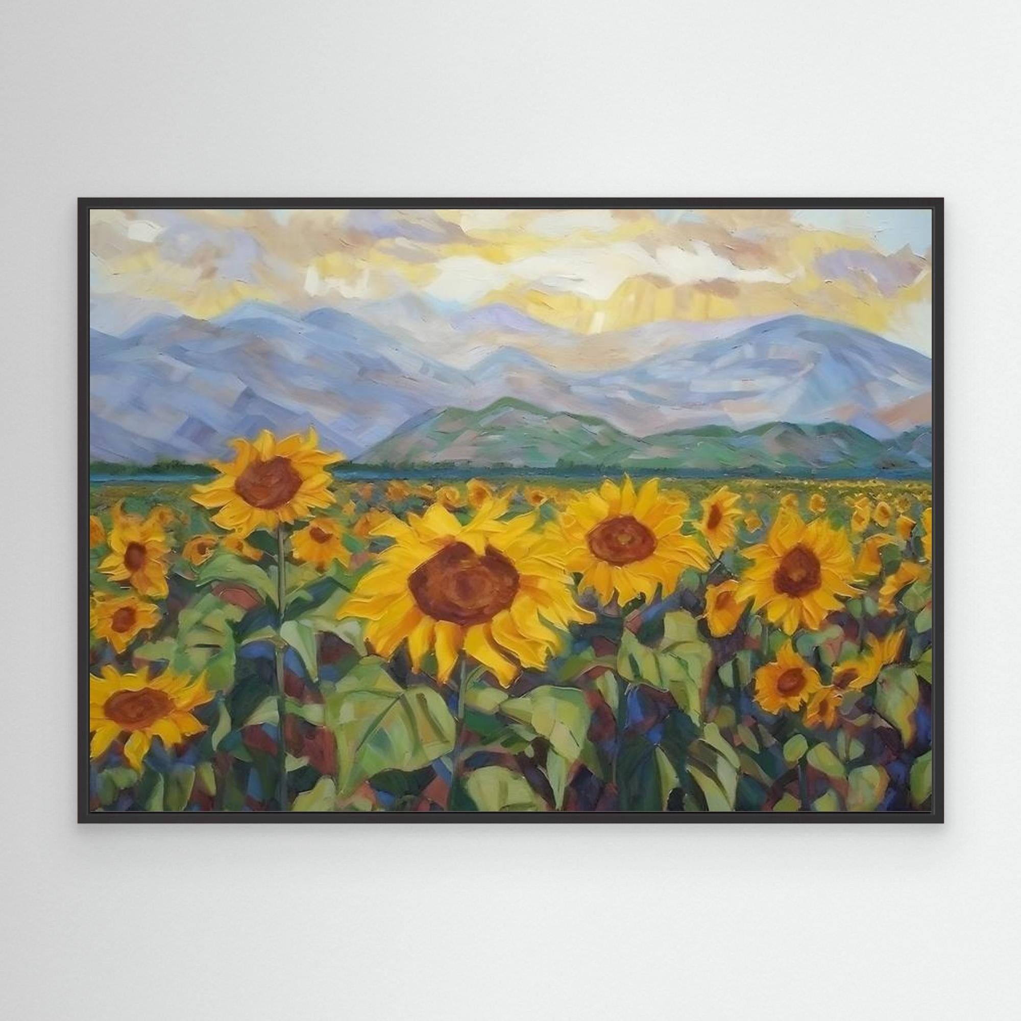 Sunflower Field Mountain Landscape | Hallway Wall Art - Framed Pop Art