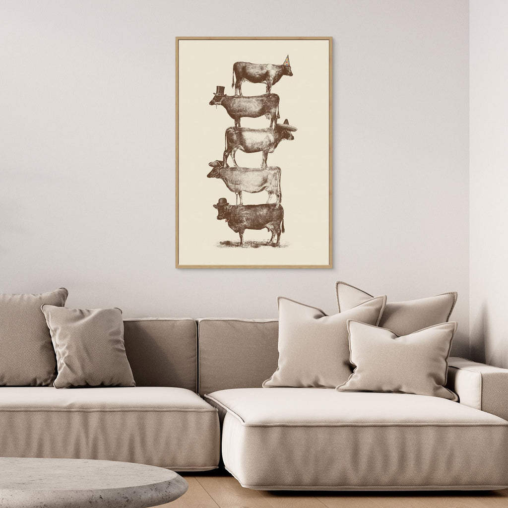 Hallway Wall Art – Quirky Stacked Cows Vintage Canvas Print - Framed Pop Art