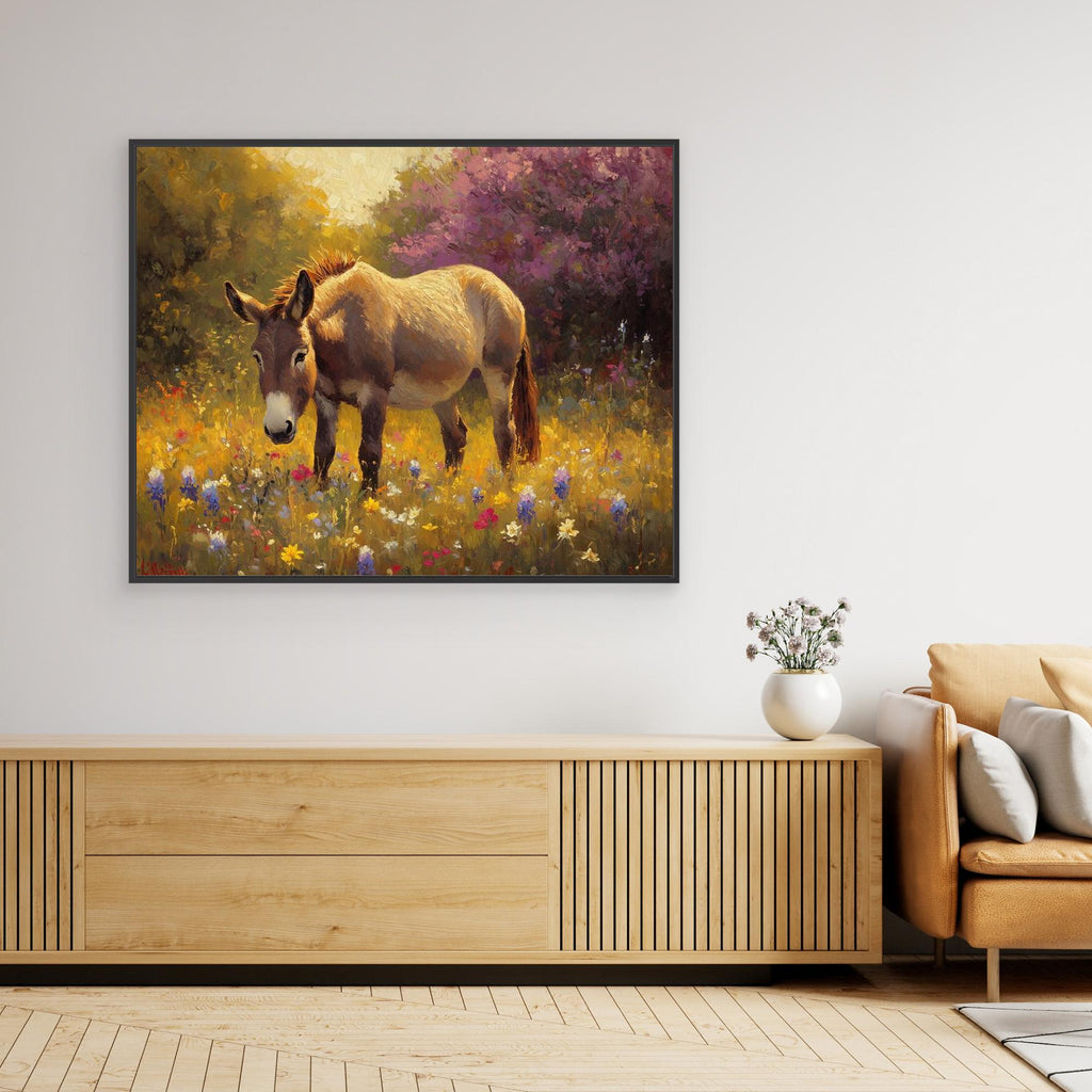 Donkey in Wildflower Meadow Canvas Wall Art | Country Decor - Framed Pop Art