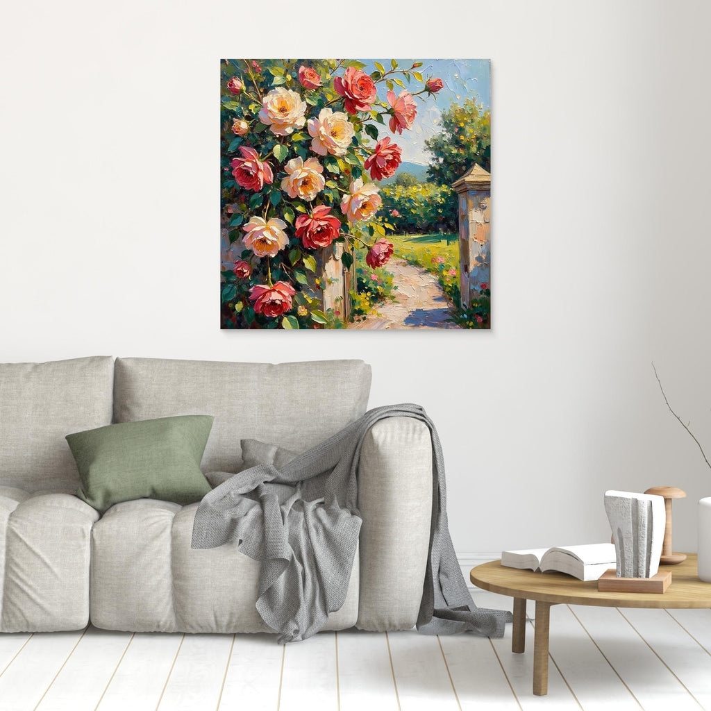 Pink Rose Garden Oil Painting | Floral Hallway Wall Art - Framed Pop Art