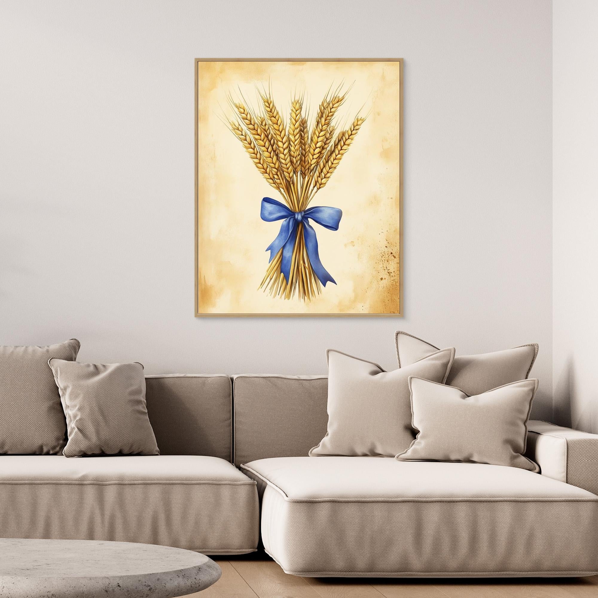 Golden Wheat Stalks Wall Art with Blue Ribbon | Rustic Decor