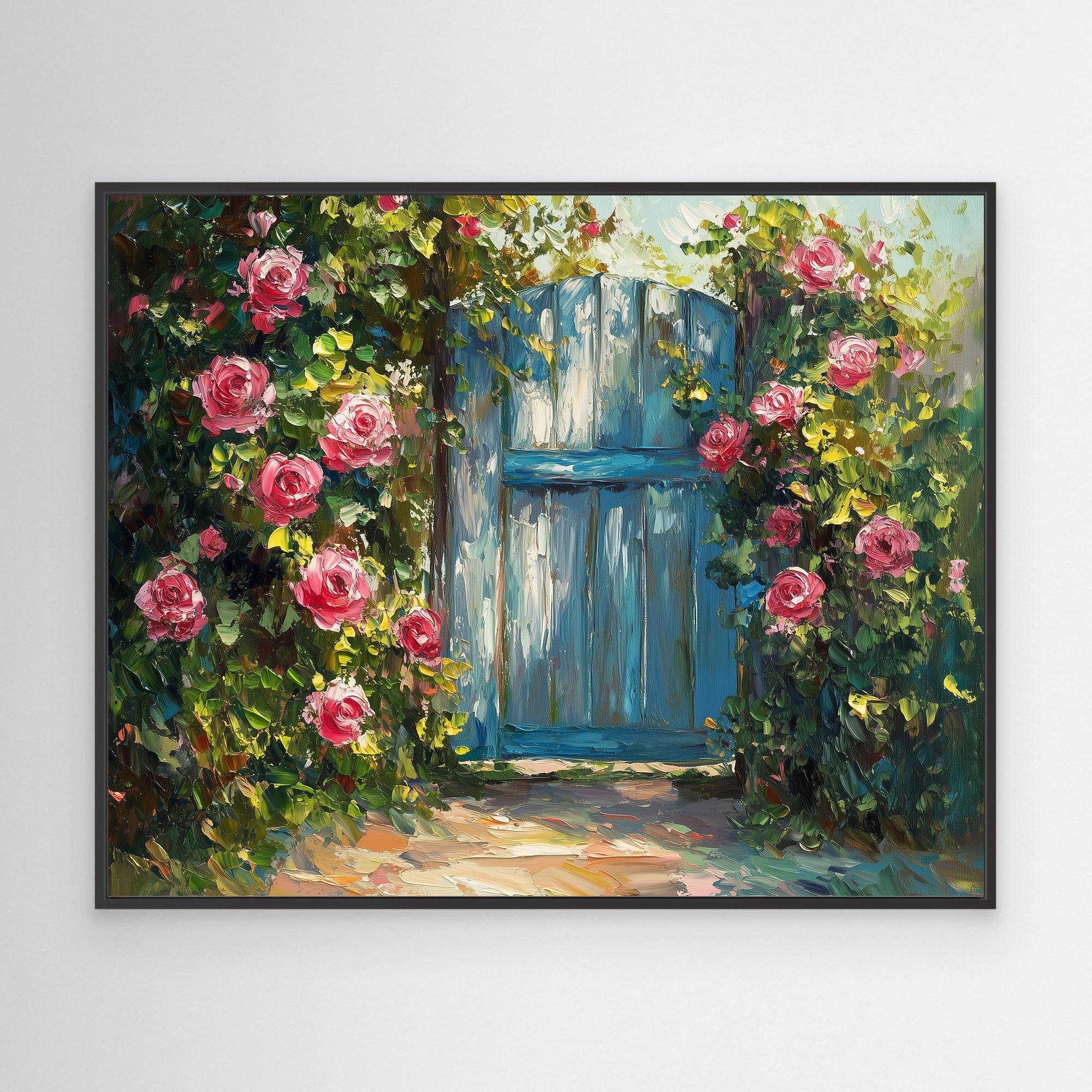 Hallway Wall Art – Blue Garden Gate & Pink Roses Canvas - Framed Pop Art