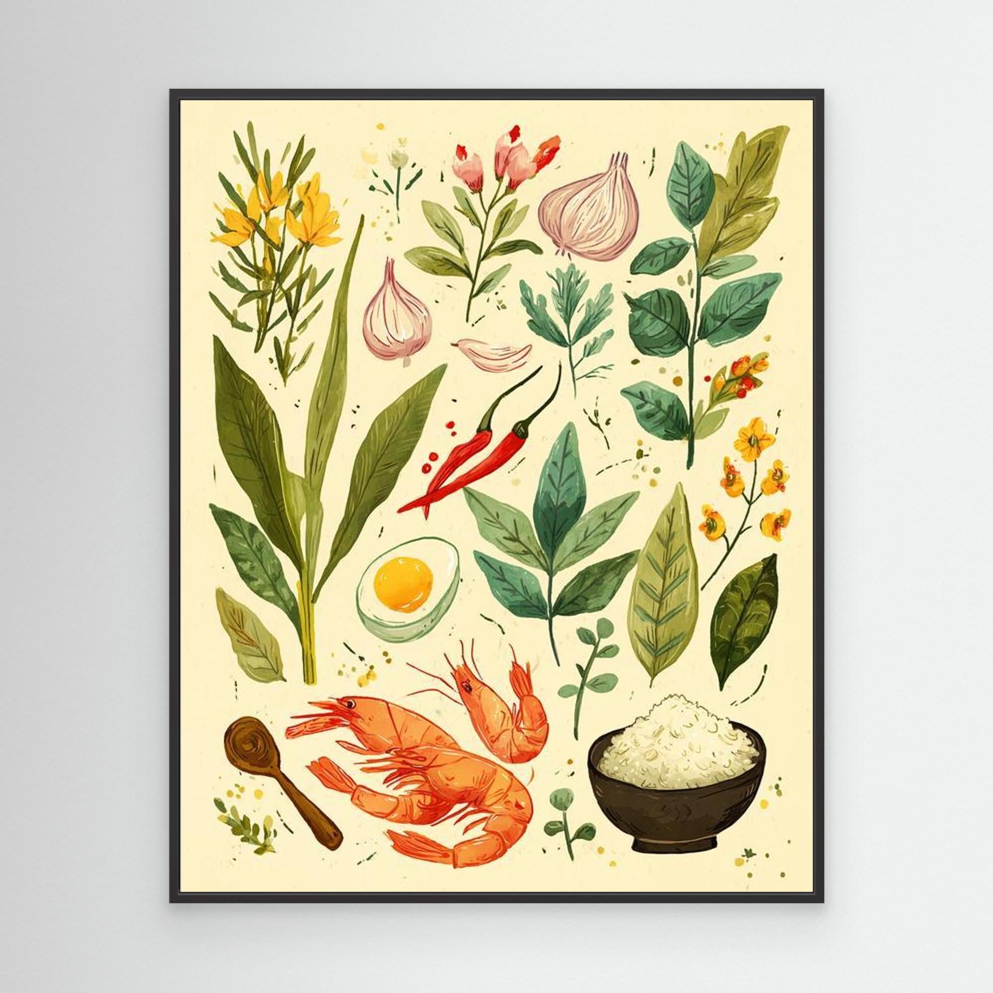 Herb & Prawn Kitchen Ingredients Canvas Print Art