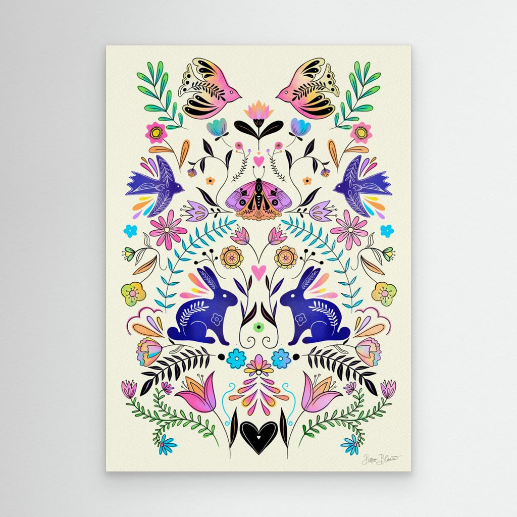 Hallway Wall Art – Folk Art Rabbits & Botanical Canvas Print - Framed Pop Art