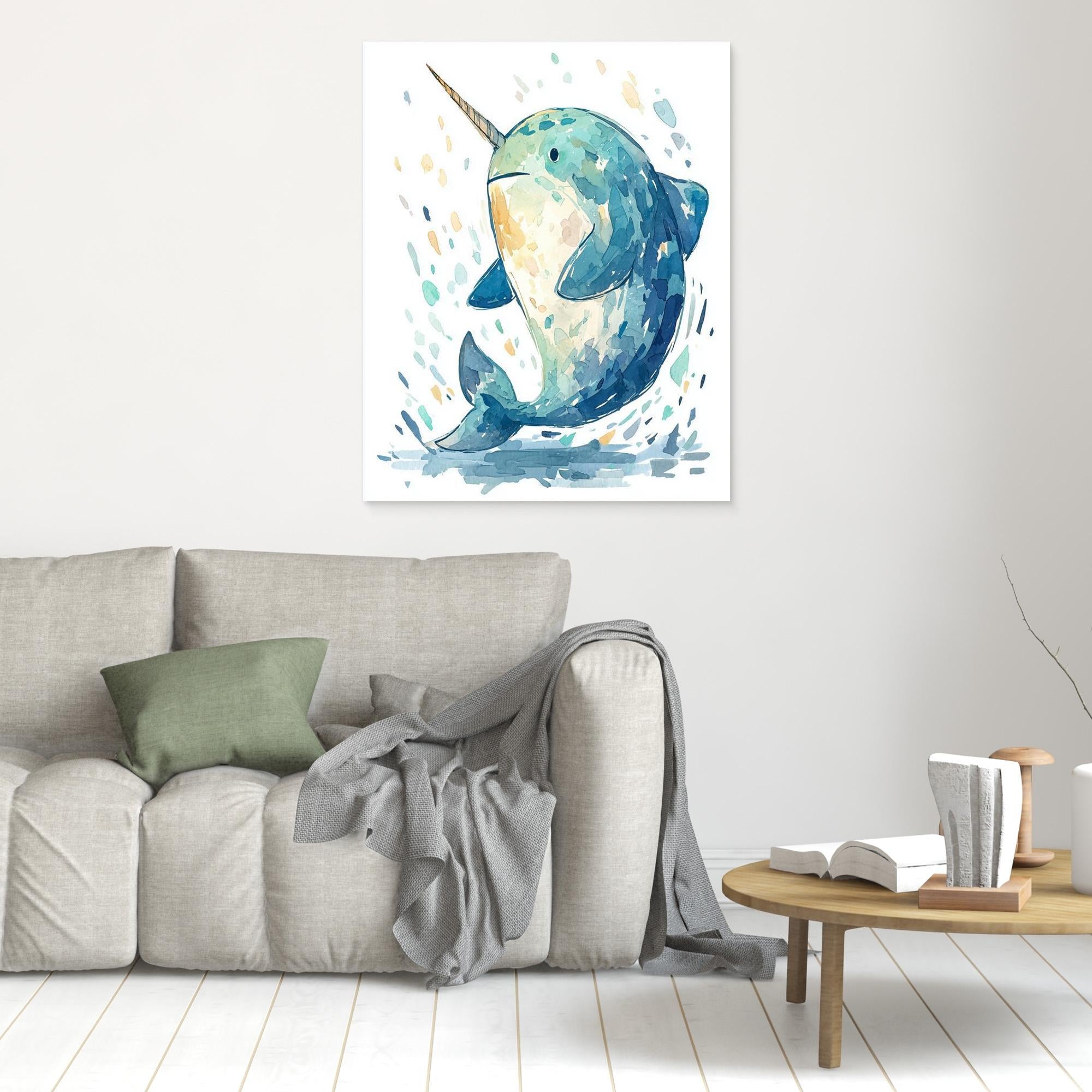 Whimsical Watercolor Narwhal Wall Art | Cute Nursery Print - Framed Pop Art