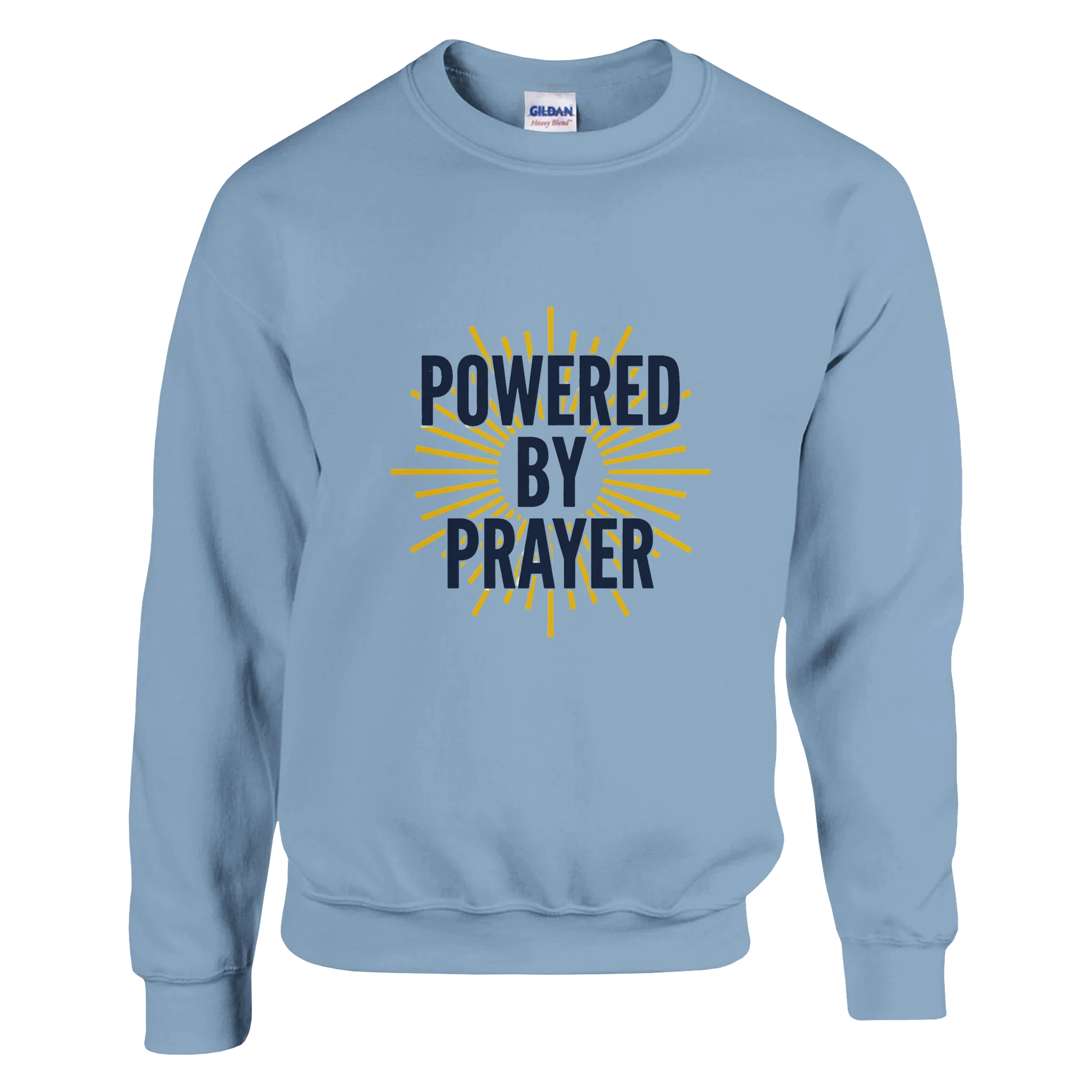 Powered by Prayer White Sweatshirt | Gildan® 18000 - Framed Pop Art