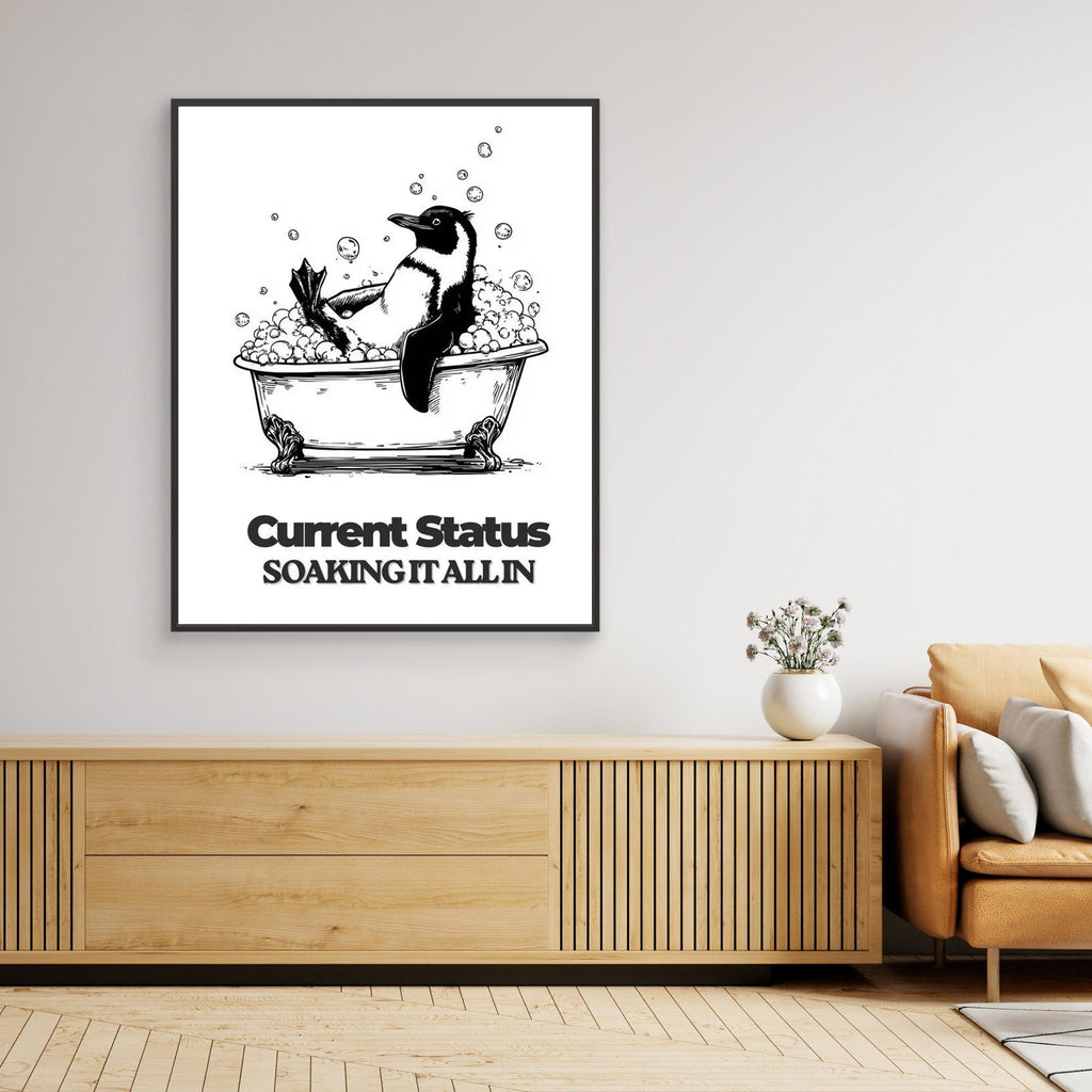Penguin in a Bathtub Wall Art | Fun Bathroom Decor - Framed Pop Art