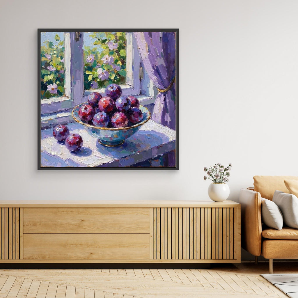 Purple Plum Still Life Canvas | Kitchen & Hallway Wall Art - Framed Pop Art