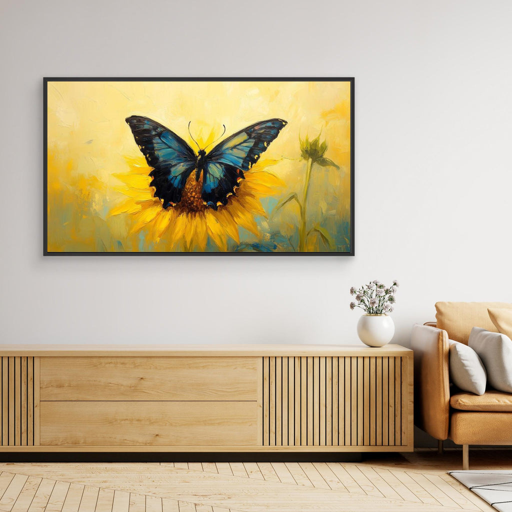 Blue Butterfly & Sunflower Canvas Wall Art | Framed Print - Framed Pop Art