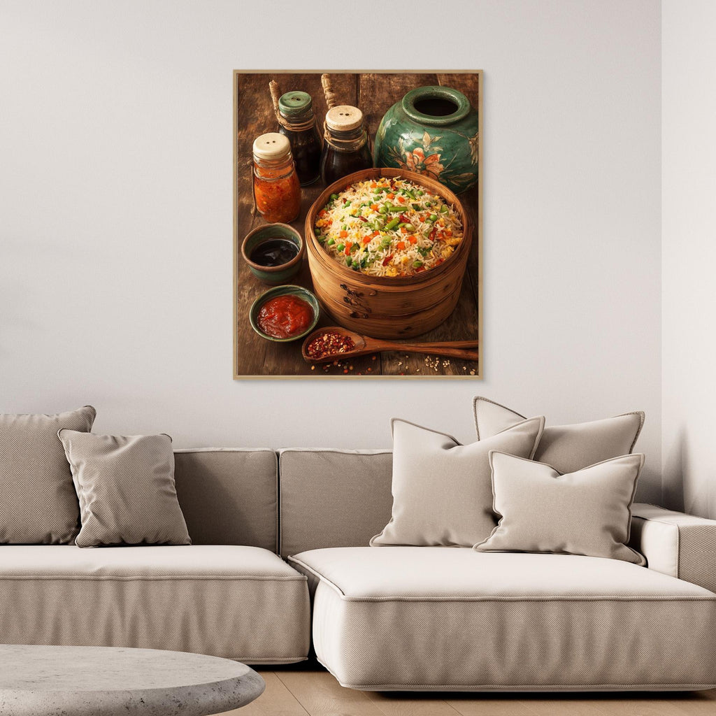Rustic Bamboo Fried Rice Kitchen Canvas Wall Print - Framed Pop Art
