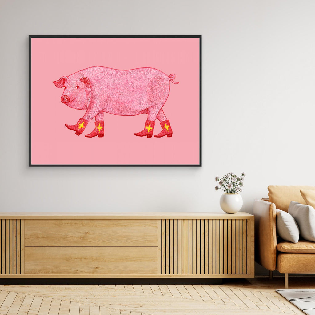 Marjorie Pink Cowgirl Pig Print | Fun Nursery Wall Art - Framed Pop Art