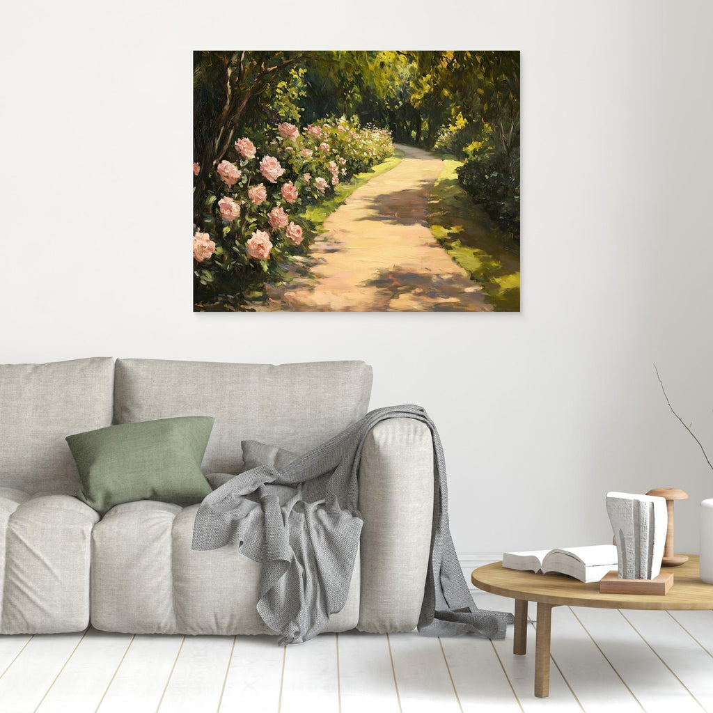 Pink Rose Garden Oil Painting - Romantic Floral Bedroom Decor - Framed Pop Art