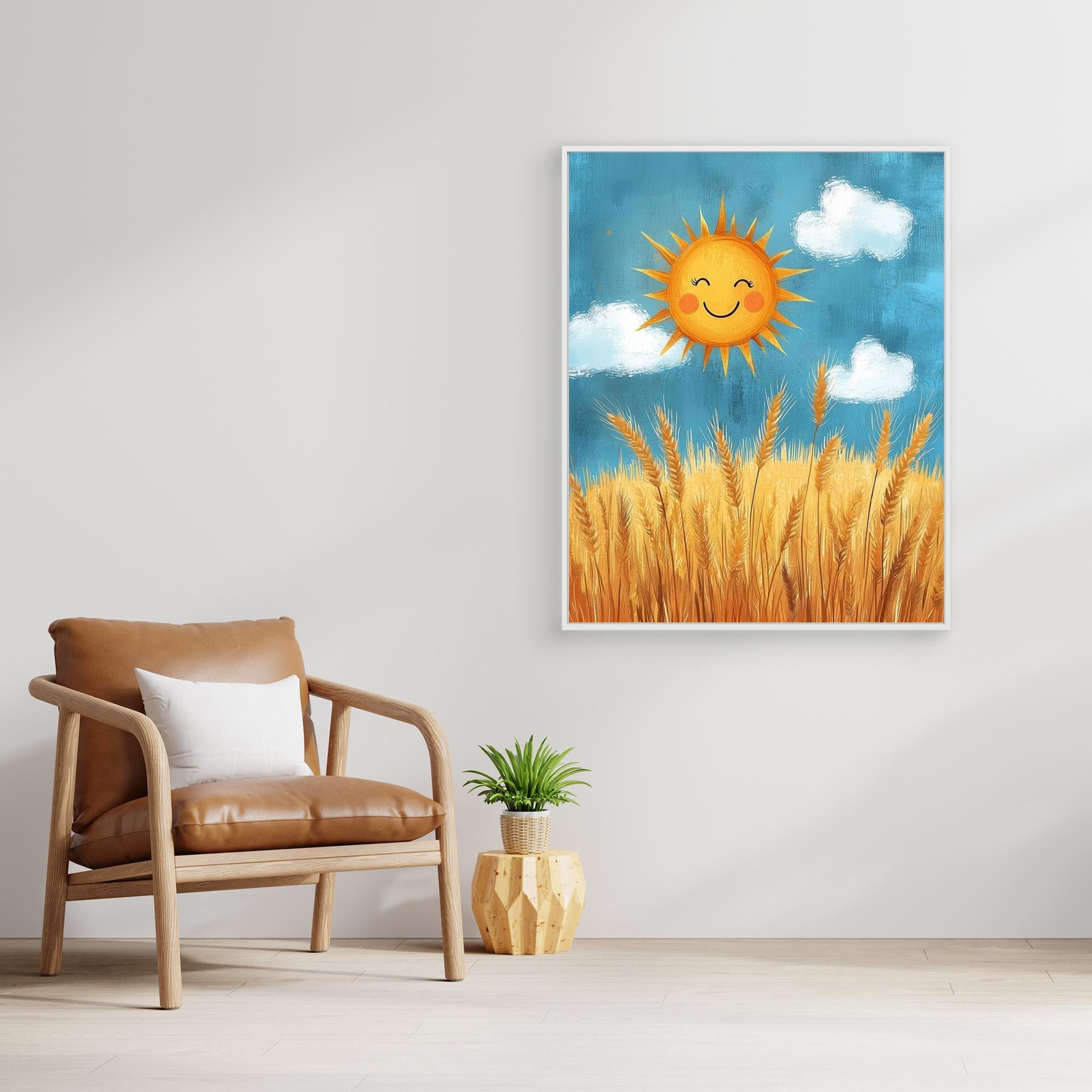 Happy Sun & Wheat Field Canvas Art | Cheerful Wall Decor - Framed Pop Art
