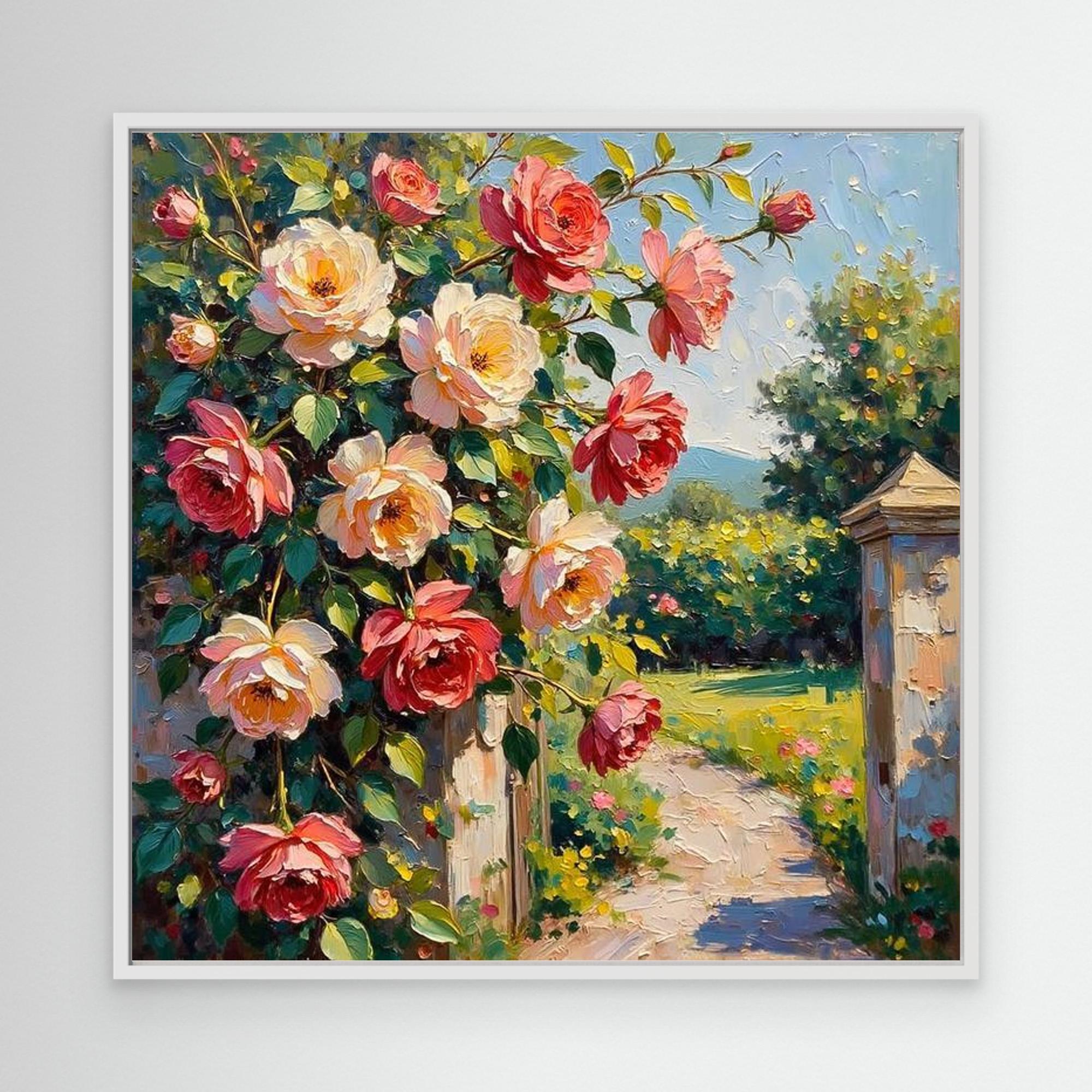Pink Rose Garden Oil Painting | Floral Hallway Wall Art - Framed Pop Art