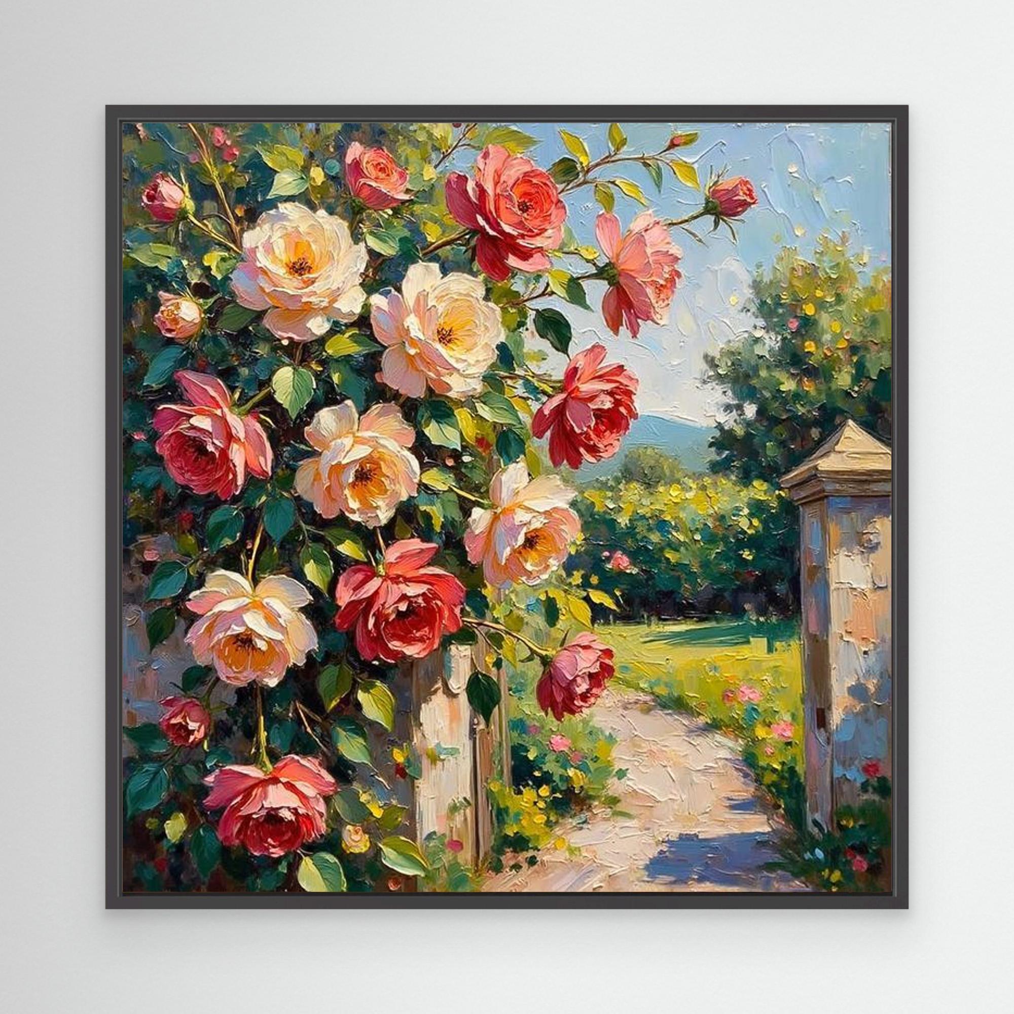 Pink Rose Garden Oil Painting | Floral Hallway Wall Art - Framed Pop Art