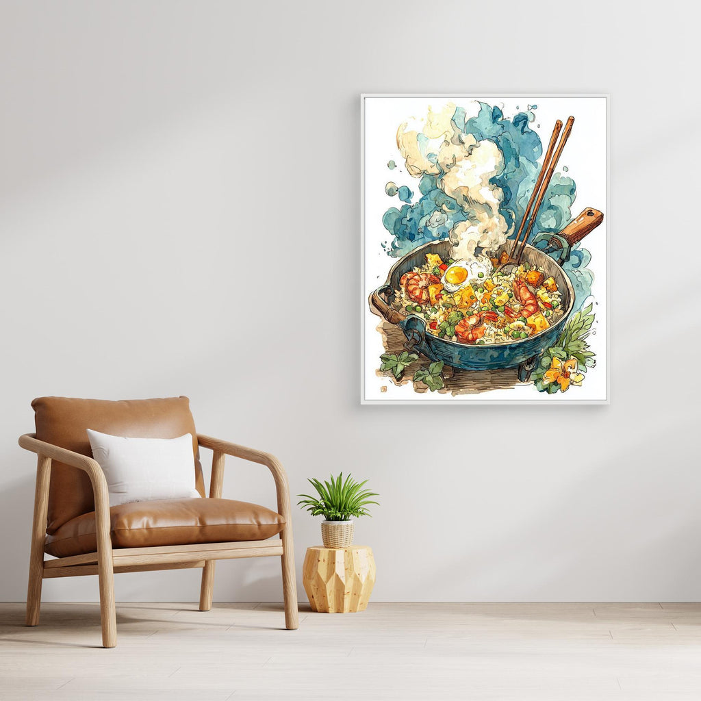Colourful Steaming Wok Fried Rice Kitchen Canvas Wall Art - Framed Pop Art