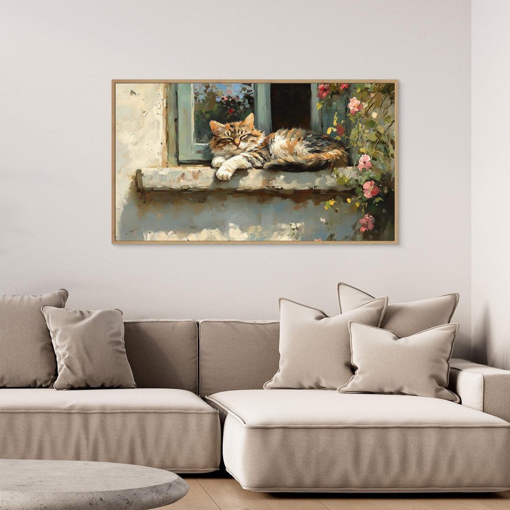 Cosy Cat Window Framed Canvas Wall Art for Lounge Decor - Framed Pop Art