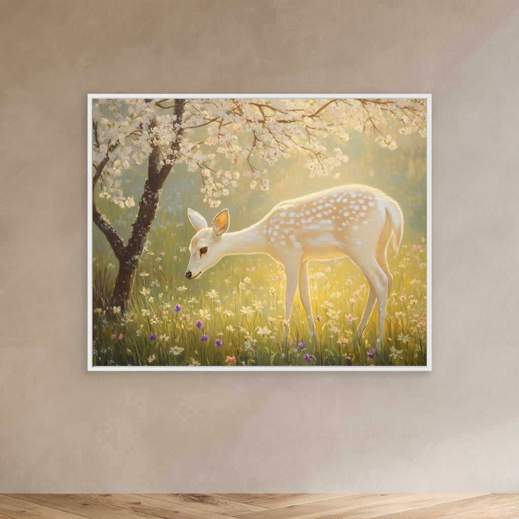 Enchanted White Fawn & Cherry Blossom Canvas Wall Art - Framed Pop Art