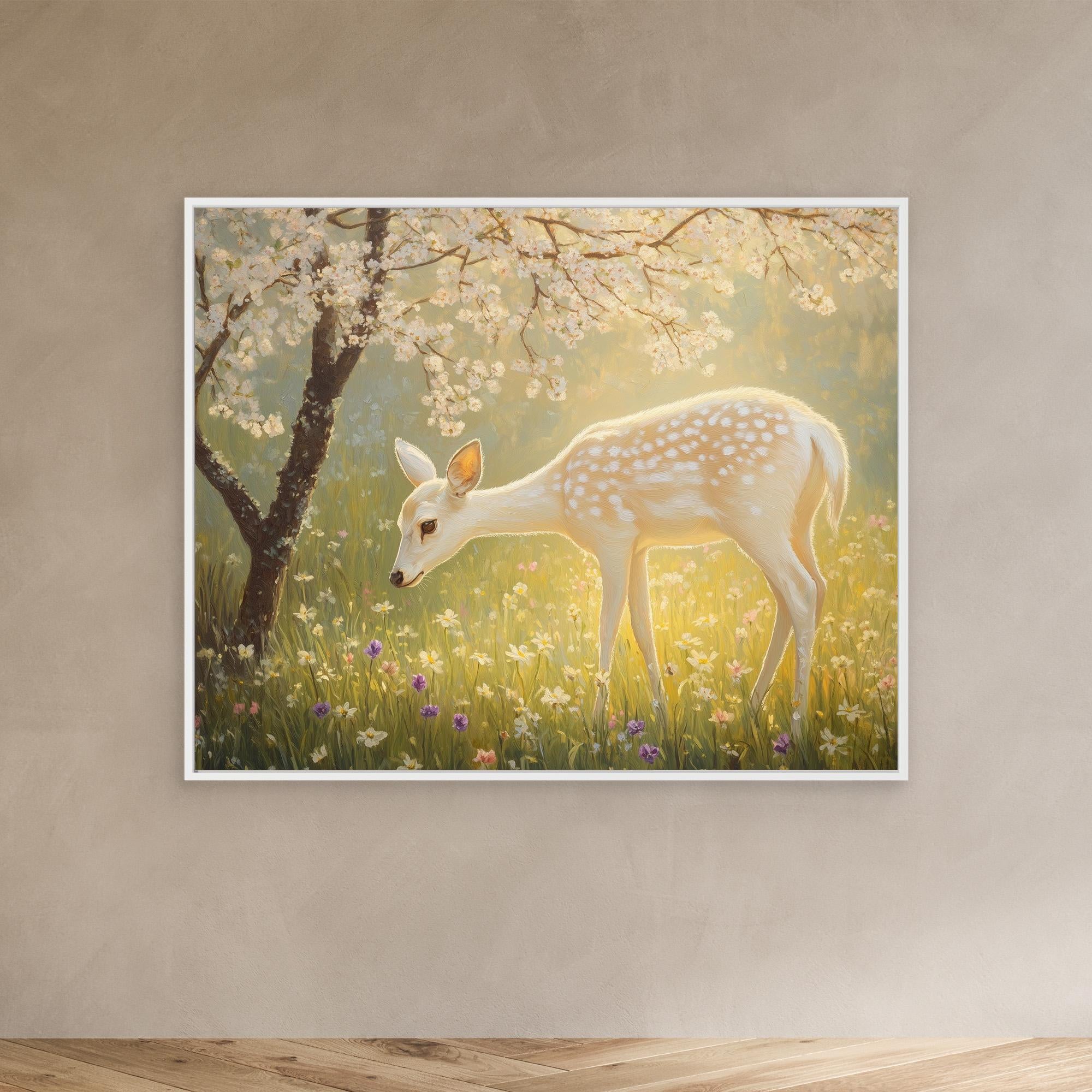 Enchanted White Fawn & Cherry Blossom Canvas Wall Art - Framed Pop Art