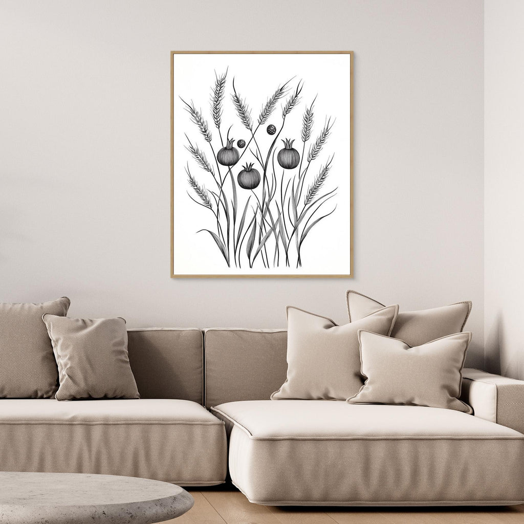 Minimalist Botanical Wheat & Poppy Pod Art Print (UK) - Framed Pop Art