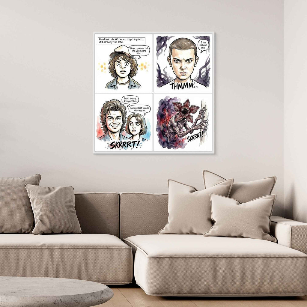 Stranger Things Fan Art Canvas | Hawkins Comic Print - Framed Pop Art