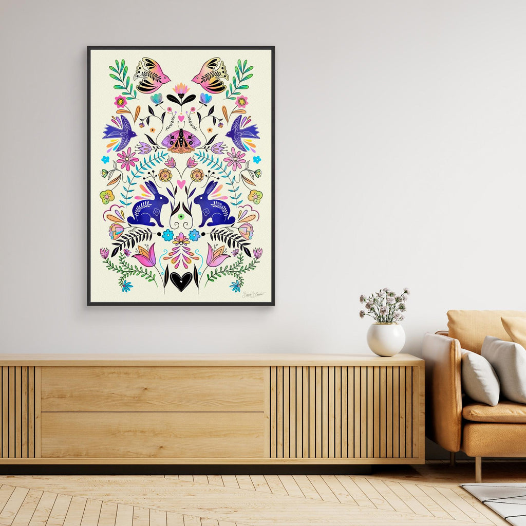 Hallway Wall Art – Folk Art Rabbits & Botanical Canvas Print - Framed Pop Art