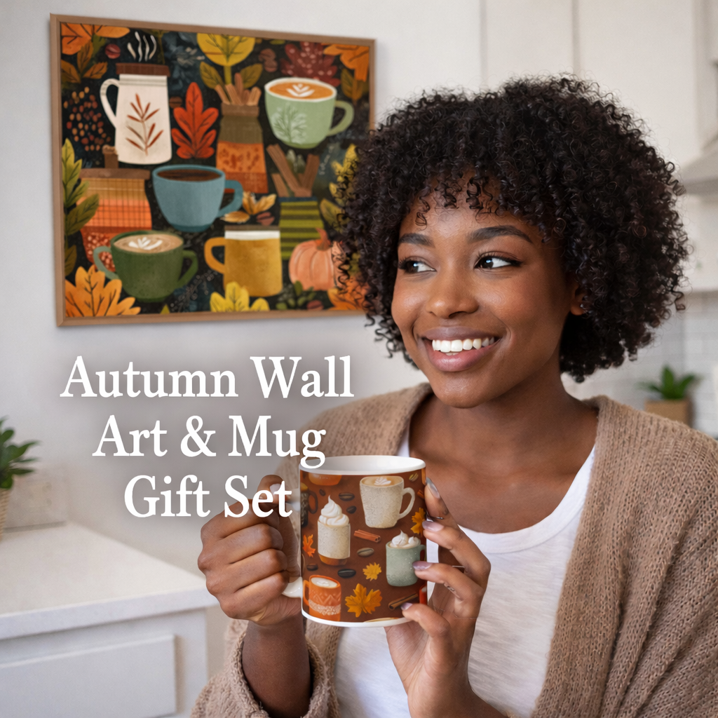 Autumn Wall Art & Mug Gift Set | Cosy Duo Home Bundle - Framed Pop Art