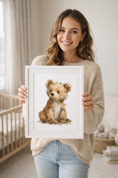 Baby Bear Nursery Wall Art | Cute Watercolour Cub Print - Framed Pop Art