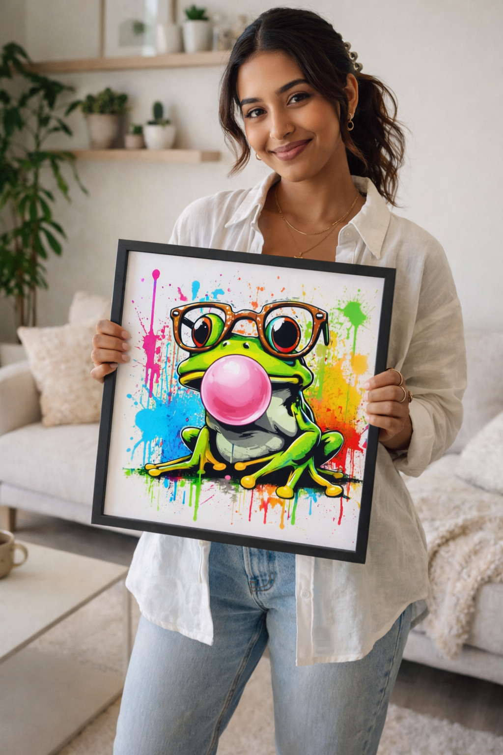 Colorful Frog Wall Art - Nerdy Frog with Glasses Canvas - Framed Pop Art
